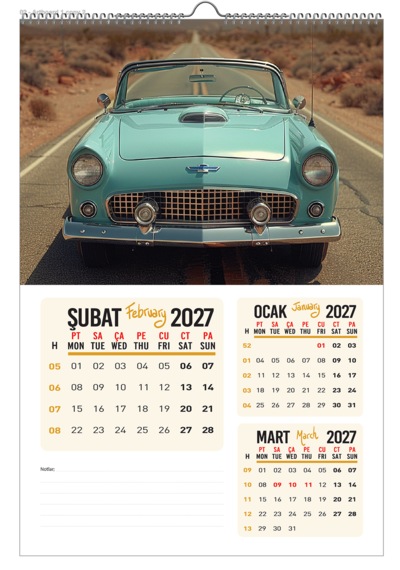 2027 Klasik Araba Duvar Takvimi 33x48 Cm Ebat- 12 Sayfa Diğer