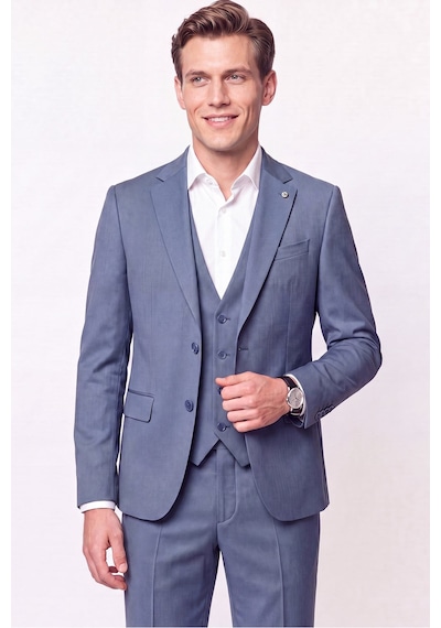 Efor Slim Fit Çift Yırtmaç %97 Yünlü Doku Desenli Esnek Mavi Yelekli Takım Elbise Tk 927