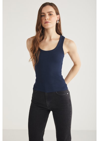 Ethıquet Lıllesol Kadın Fitilli Görünümlü Slim Fit Vücuda Oturan Havuz Yakalı Pamuklu Basic Lacivert