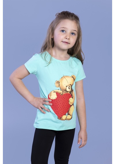 Toontoy Kids Toontoy Kız Çocuk Kalpli Ayıcık Baskılı Taş İşlemeli Tişört Mint Yeşili