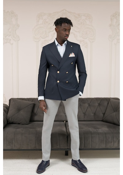 Paul Martin Regular Fit İtalyan Yaka Astarlı Torba Cepli Kruvaze Blazer Ceket Lacivert