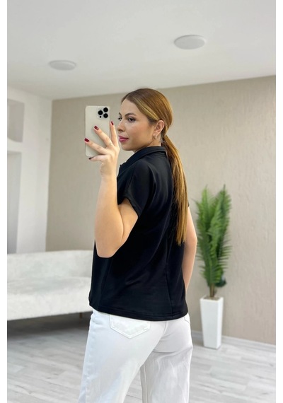 Çınar Boutique Polo Yaka Düğmeli Tişört Siyah Siyah