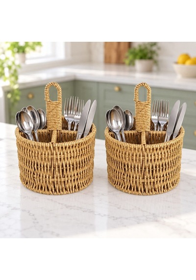 Rattan Yuvarlak Dik Bölmeli Kaşıklık -ikili Kahverengi