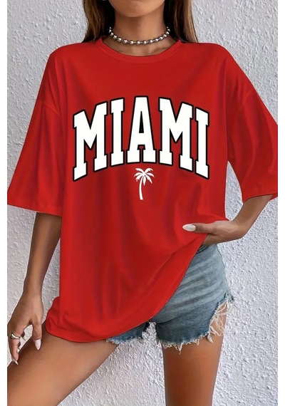 Unisex Miami Baskılı Tasarım Tshirt Kırmızı
