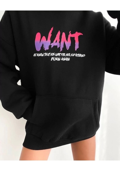 Kadın Oversize Kapüşonlu Cepli Want Baskılı 3 İplik Pamuklu Hoodie Sweatshirt - Siyah
