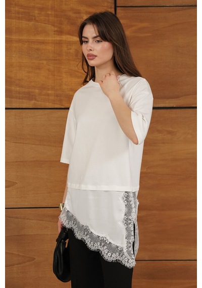 Verymoda Dantel Ve Saten Detaylı Asimetrik Tişört D2942 Krem