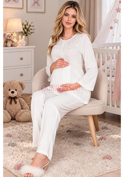 Quilling Lady Ekru Renkli, Dantel Detaylı 33209 Uzun Kol, 2 Parça Lohusa Hamile Pijama Takımı M - L