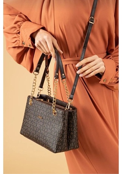 Just Polo Orijinal Kadın 3 Bölmeli Zincir Detaylı Ayarlanabilir Askılı Lüks El & Omuz Çantası Shoulder Bag Kahverengi