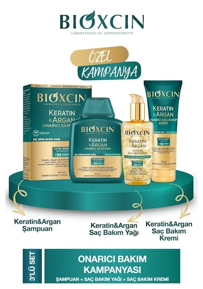 Keratin & Argan Onarıcı Şampuan 300ml + Keratin Argan Saç Bakım Yağı + Saç Kremi Tüm Saç Tipleri