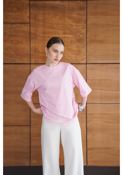 Verymoda Dantel Detaylı Asimetrik Tişört D2953 Pembe