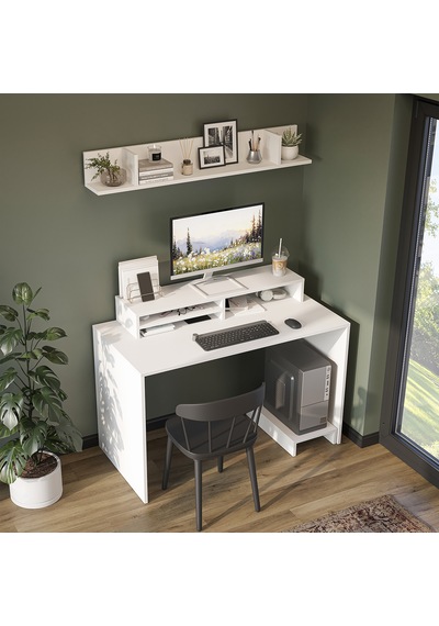 Mode Raflı Çalışma Masası , Raflı Monitör Standlı Çalışma Ofis Masası , Bilgisayar Masası Mat Beyaz Mode Raflı Çalışma Masası , Raflı Monitör Standlı Çalışma Ofis Masası , Bilgisayar Masası Mat Beyaz