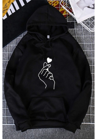 Macklin Kadın El Kalp Tasarım Baskılı Kapşonlu Sweatshirt Hoodie Siyah Mck0950 Siyah