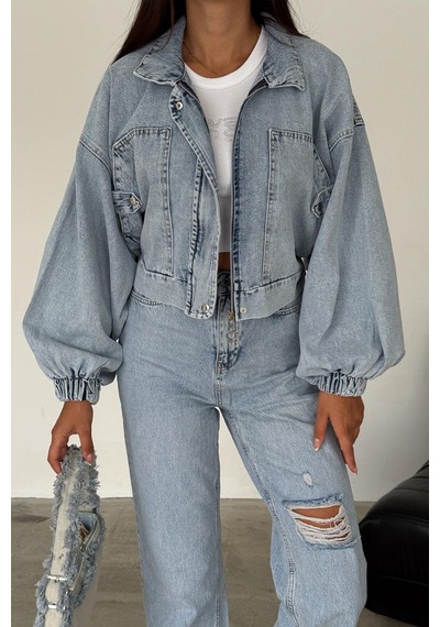 Kadın Açık Mavi Kısa Denim Ceket Elastik Manşetli Crop Model Mavi
