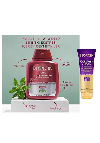 Yoğun Dökülme Karşıtı Bitkisel Forte Şampuan Seti 3 X 300 Ml + Hacim Verici Kolajen & Biotin Saç Kremi Dökülen