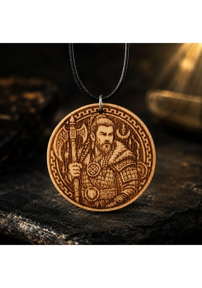 Göktürk Alp Savaşçı Ve Bozkurt Motifli Ahşap Erkek Kolyesi 44 Mm 011 - Kahverengi