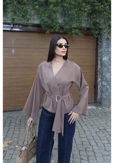 Kechi Woman Linda Twill Kumaş Kuşaklı Aksesuarlı Ceket Vizon