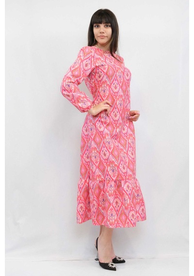 Modi Moda Çizgi Şal Desen Elbise Fuşya