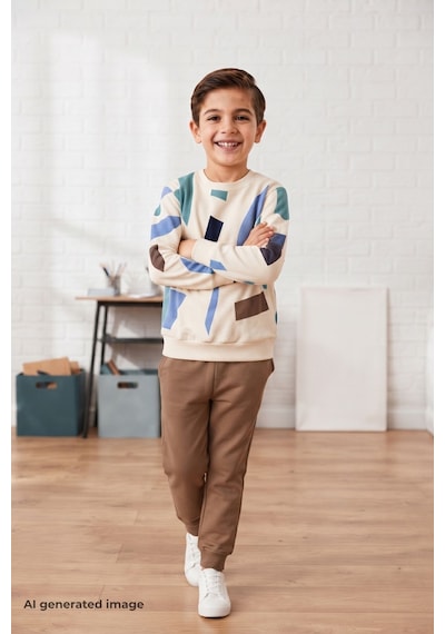 Pina Kids Erkek Çocuk Geometrik Desenli Okul Günlük Eşofman Takımı Esf7038 Kahverengi