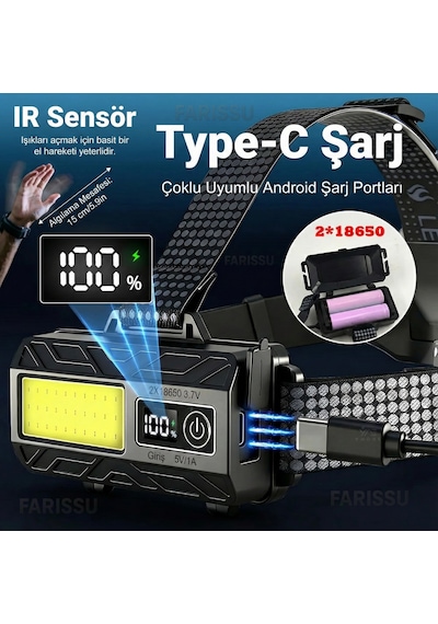 4 Pilli Set 3000 Lümen Çift Işık Sarı/beyaz Şarjlı Kafa Feneri - Sensörlü, Type-c Ve Yedek Pilli Siyah