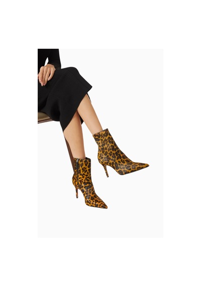 Schutz City Natural 85 Leopar Baskılı, Dana Kuzu Derisi Sivri Burun Lüks Topuklu Bot Kahverengi