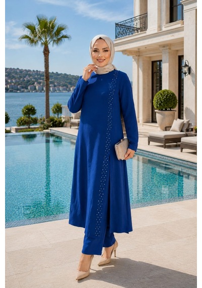 Hb Harma Time Butik Kadın İnci İşlemeli Mavi Tunik-pantolon İkili Takım Mavi Mavi