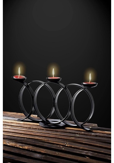 Bundera Siyah Halkalı Model Dekoratif Mumluk Metal Ferforje Şamdan Mumluk Tealight Mum Dahil Çok Renkli