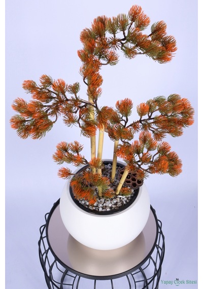 Yapay Çiçek Sitesi Beyaz Küre Saksıda Modern Minimal Tasarım Yapay Bonsai Ağacı Turuncu 65 Cm Turuncu