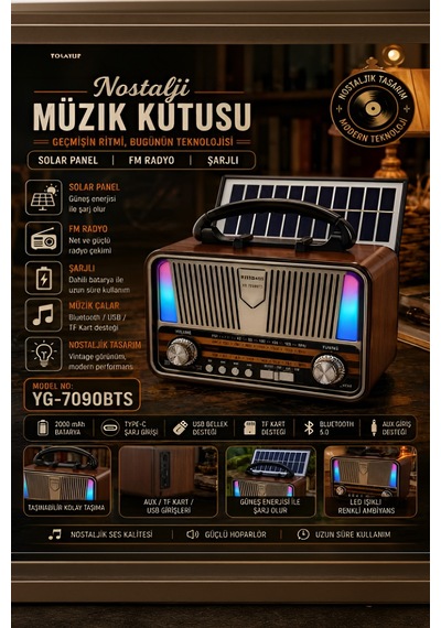 Retro Bluetooth Hoparlörlü Radyo Led El Fenerli Şarjlı Taşınabilir Speaker Nostaljik Tasarım Yg-7090bts