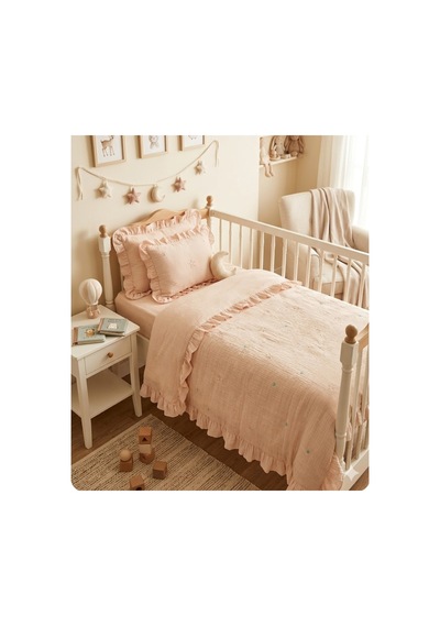 %100 Organik Müslin Zarif Nakış İşlemeli Pembe Bebek Nevresim Pike Takımı Pembe - 878145436 Pembe