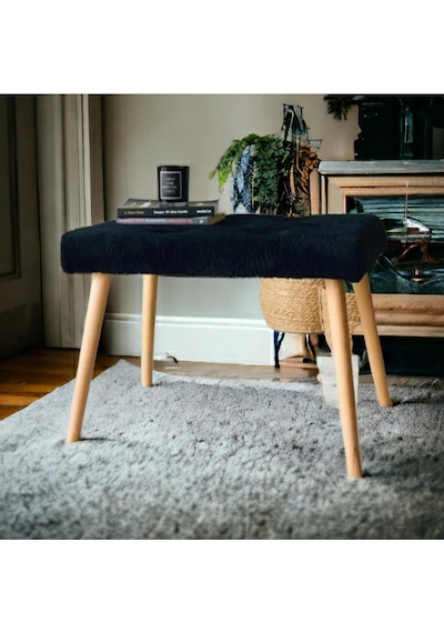 Gürgen Retro Ahşap Ayaklı Handmade Siyah Pofidik Puf Bench Koltuk Sandalye Siyah