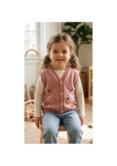 Deniva Kids Kız Çocuk Pudra Pembe Ponpon Detaylı V Yaka Düğmeli Örgü Yelek