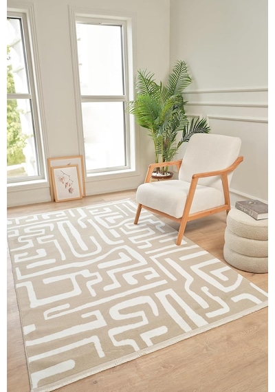 Tr Moderno 3335 Bej Beyaz Modern Desenli Dokuma Halı Salon Oturma Odası Mutfak Halısı Tozumaz Makine Halısı Genel
