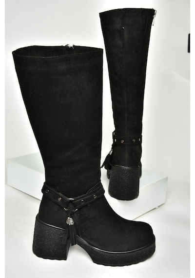 Fox Shoes T996224002 Siyah Süet Kalın Topuklu Kadın Çizme Siyah-süet