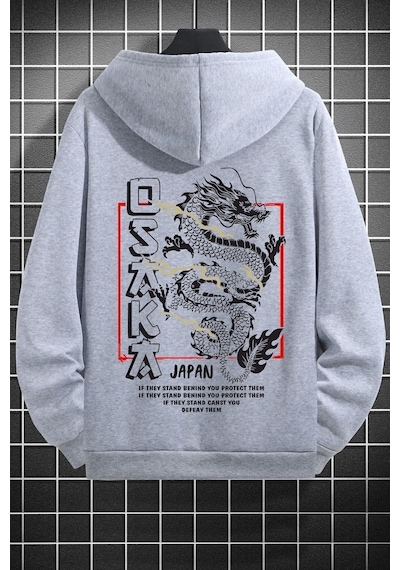 Uyguntarz Unisex Osaka Baskılı Kapüşonlu Sweatshirt Gri