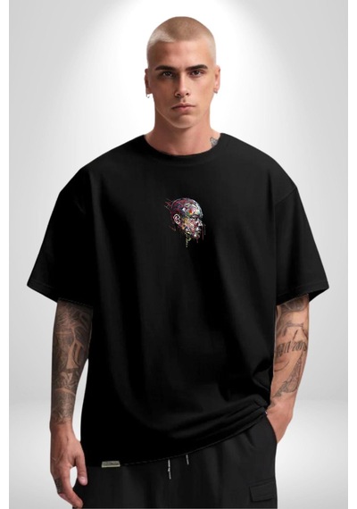 İnsan Kafası Sulu Boya Siyah Oversize Unisex Ön Orta Minimal Baskılı Tişört Siyah