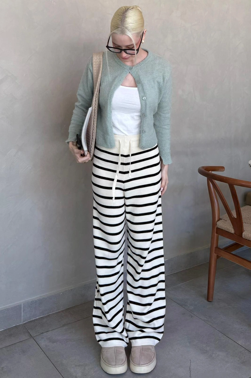 Madmext Ekru Çizgili Kadın Triko Pantolon Mg2342 Ekru