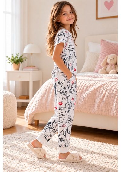 Luess Çocuk Baskılı %100 Pamuk Suprem Pijama Takımı-Beyaz