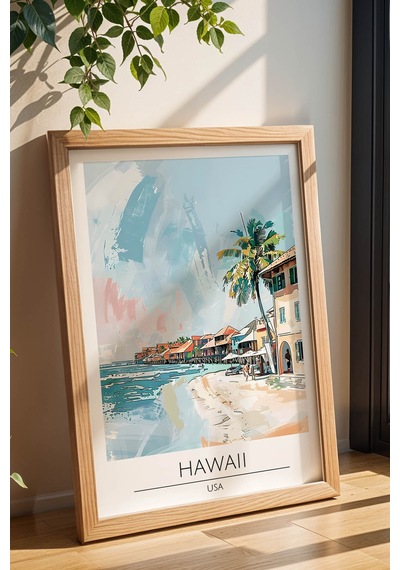 Abd Hawaii Temalı Çerçeveli Tablo Travel Serisi Modern İllüstrasyon Tropikal Duvar Dekoru Kayın