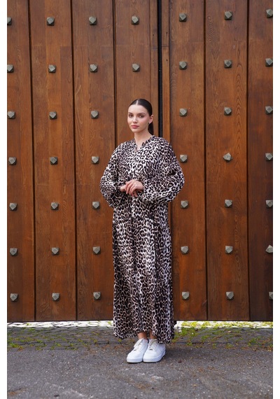 Polologin Butik Modern Leopar Desenli Spor Kesim Uzun Tesettür Elbise Krem