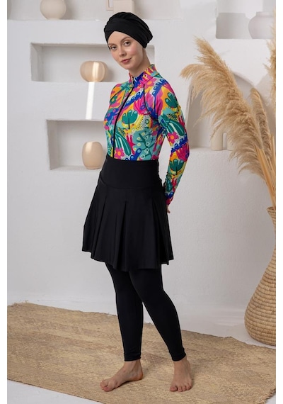 Adasea 2611111 Siyah Spor Uzun Kollu Mayolu Etekli Tesettür Mayo