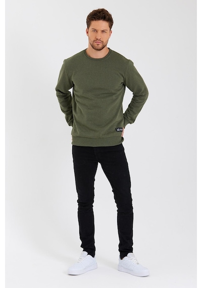 MMetalic Bisiklet Yaka Etiket Detayı İçi Pamuklu Erkek Sweatshirt Haki