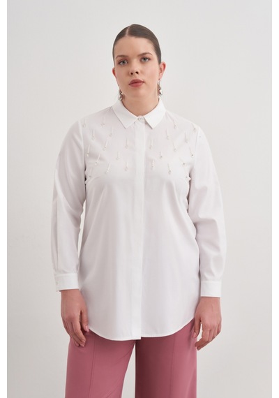 Aker İşlemeli Cotton Gömlek Beyaz Beyaz