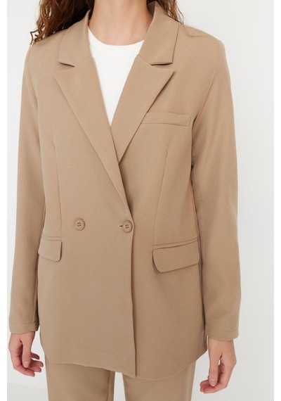 Ersefa Tarz Kadın Modern Moda Yüksek Bel Boru Paça Ceket Yaka Blazer Cek Vizon