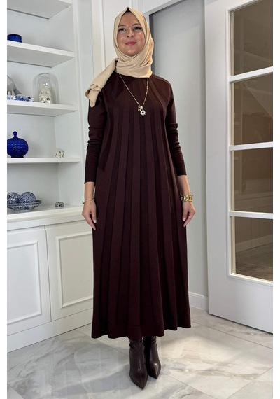 Rabia Şamlı Beyza Fitilli Triko Elbise Acı Kahve Normal