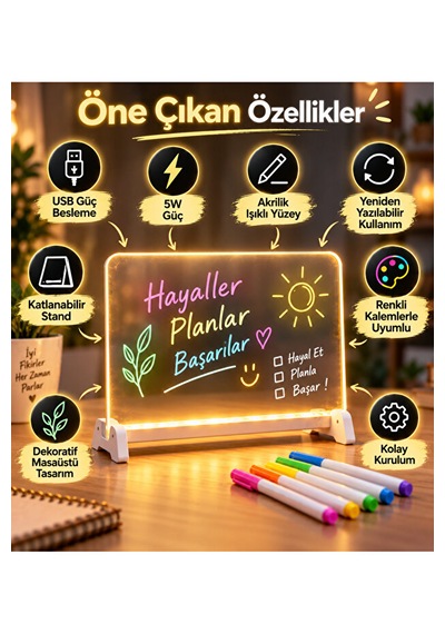 Led Işıklı Yazı Tahtası Akrilik Not Panosu Usb 5w Masaüstü Dekoratif Gece Lambası Beyaz