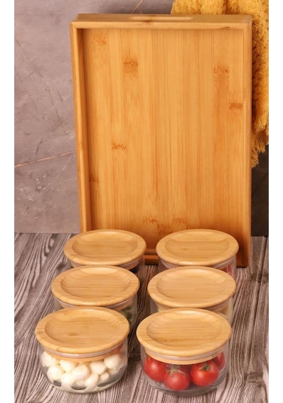 Duo 300 Ml Silikonlu Bambu Kapaklı Cam Kahvaltılık Lüx Kahvaltılık Sunum Seti Kahverengi