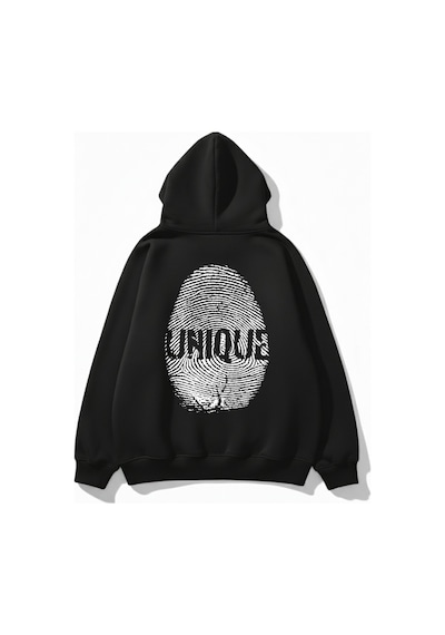 Uyguntarz Unisex Yumuşak Dokulu Unique Fingerprint Baskılı Tasarım Oversize 3 İplik Hoodie Sweatshirt siyah