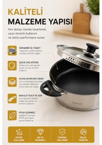 3 Parça Çelik Tencere & Tava Seti 22 Cm İndüksiyon Uyumlu, Süzgeç Kapaklı Diğer