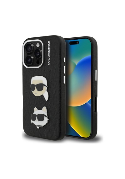 Apple iPhone 16 Pro Max Uyumlu Kılıf Karl Lagerfeld Lisanslı K&c Heads Pin Kapak Siyah