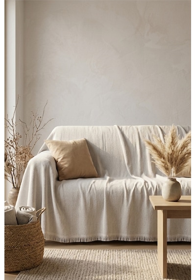İskandinav Dokulu Pamuklu Saçaklı Koltuk Örtüsü Ve Koltuk Şalı Kaymaz Terletmez 180x300 Cm Açık Gri